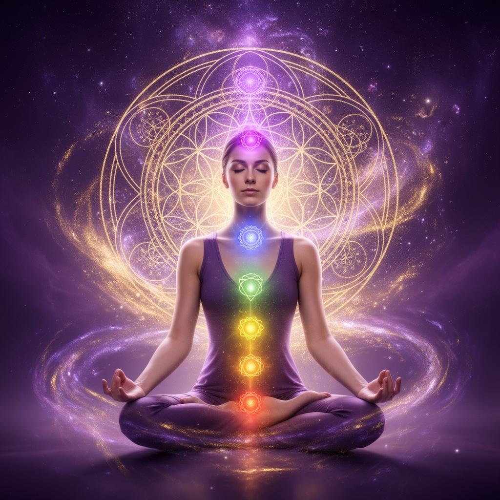 Mystical spiritual woman meditating with chakra aura and cosmic galaxy energy